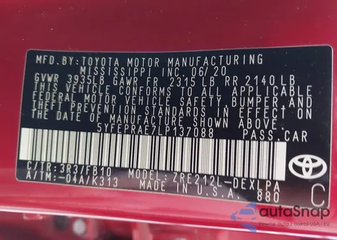 2020 Toyota Corolla Le z USA, uszkodzony, nr VIN 5YFEPRAE7LP137088